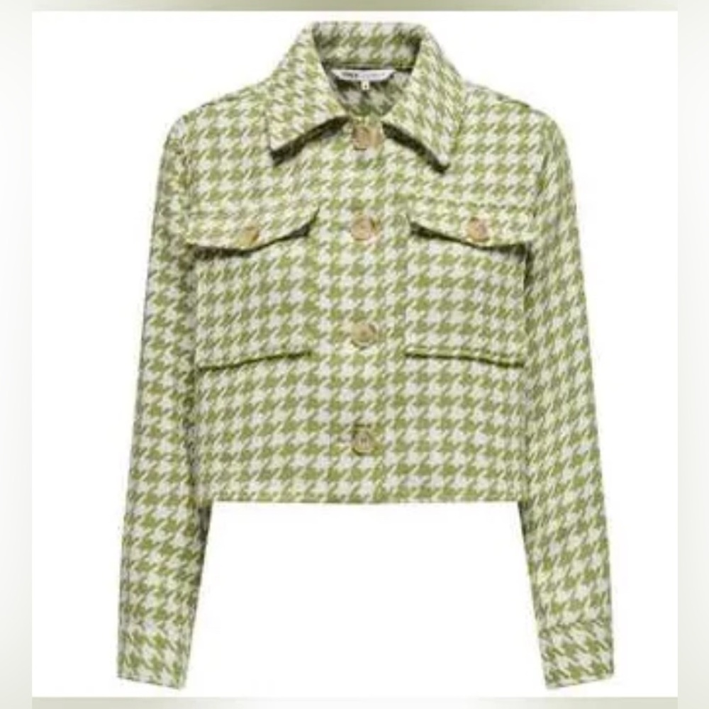 Only Green Houndstooth Button Down blazer cropped women jacket small ganna style - Picture 2 of 11